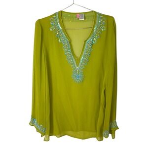 Vintage Itsu 100% Silk Beaded Lime Green Tunic Blouse Sequin Boho Size 14